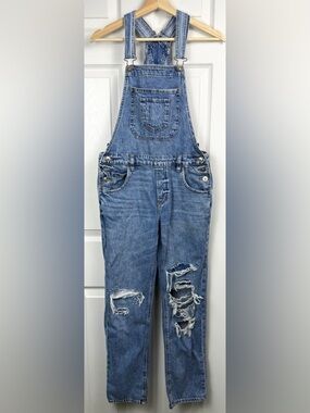American Eagle Distressed Denim Overalls Medium Wash Jeans Womens Size Small NEW